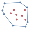 graph points {
    node [shape=point, fontname="source code pro"];
    edge [style=solid];

    p0 [pos="0.893, 0.332!", color="#5e81ac"];
    p1 [pos="0.821, 0.182!", color="#5e81ac"];
    p2 [pos="0.108, 0.595!", color="#5e81ac"];
    p3 [pos="0.530, 0.419!", color="#bf616a"];
    p4 [pos="0.335, 0.623!", color="#bf616a"];
    p5 [pos="0.438, 0.736!", color="#bf616a"];
    p6 [pos="0.518, 0.579!", color="#bf616a"];
    p7 [pos="0.645, 0.990!", color="#5e81ac"];
    p8 [pos="0.820, 0.413!", color="#bf616a"];
    p9 [pos="0.876, 0.824!", color="#5e81ac"];
    p10 [pos="0.054, 0.719!", color="#5e81ac"];
    p11 [pos="0.802, 0.736!", color="#bf616a"];
    p12 [pos="0.709, 0.541!", color="#bf616a"];
    p13 [pos="0.125, 0.958!", color="#5e81ac"];
    p14 [pos="0.403, 0.217!", color="#5e81ac"];

p1 -- p0 [color="#5e81ac"];
p0 -- p9 [color="#5e81ac"];
p9 -- p7 [color="#5e81ac"];
p7 -- p13 [color="#5e81ac"];
p13 -- p10 [color="#5e81ac"];
p10 -- p2 [color="#5e81ac"];
p2 -- p14 [color="#5e81ac"];
p14 -- p1 [color="#5e81ac"];

}