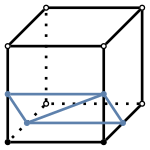 graph case2 {
node [shape=point, fontname="source code pro"];
edge [style=solid, penwidth=2];

v0 [pos="0.4,0.5!", fillcolor=black];
v1 [pos="1.4,0.5!", fillcolor=black];
v2 [pos="1.8,0.9!", fillcolor=white];
v3 [pos="0.8,0.9!", fillcolor=white];
v4 [pos="0.4,1.5!", fillcolor=white];
v5 [pos="1.4,1.5!", fillcolor=white];
v6 [pos="1.8,1.9!", fillcolor=white];
v7 [pos="0.8,1.9!", fillcolor=white];

// bottom edges
//e0 [pos="0.9, 0.5!", color="#5E81AC"];
e1 [pos="1.6, 0.7!", color="#5E81AC"];
//e2 [pos="1.3, 0.9!", color="#5E81AC"];
e3 [pos="0.6, 0.7!", color="#5E81AC"];

// middle edges
e4 [pos="0.4, 1.0!", color="#5E81AC"];
e5 [pos="1.4, 1.0!" color="#5E81AC"];
//e6 [pos="1.8, 1.4!", color="#5E81AC"];
//e7 [pos="0.8, 1.4!", color="#5E81AC"];

// top edges
//e8 [pos="0.9, 1.5!", color="#5E81AC"];
//e9 [pos="1.6, 1.7!", color="#5E81AC"];
//e10 [pos="1.3, 1.9!", color="#5E81AC"];
//e11 [pos="0.6, 1.7!", color="#5E81AC"];

v0 -- v1 [style=solid];
v1 -- v2 [style=solid];
v2 -- v3 [style=dotted];
v3 -- v0 [style=dotted];
v0 -- v4 [style=solid];
v1 -- v5 [style=solid];
v2 -- v6 [style=solid];
v3 -- v7 [style=dotted];
v4 -- v5 [style=solid];
v5 -- v6 [style=solid];
v6 -- v7 [style=solid];
v7 -- v4 [style=solid];

e1 -- e3 [color="#5E81AC"];
e3 -- e5 [color="#5E81AC"];
e5 -- e1 [color="#5E81AC"];
e3 -- e4 [color="#5E81AC"];
e4 -- e5 [color="#5E81AC"];

}