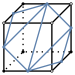 graph case9 {
node [shape=point, fontname="source code pro"];
edge [style=solid, penwidth=2];

v0 [pos="0.4,0.5!", fillcolor=black];
v1 [pos="1.4,0.5!", fillcolor=white];
v2 [pos="1.8,0.9!", fillcolor=black];
v3 [pos="0.8,0.9!", fillcolor=black];
v4 [pos="0.4,1.5!", fillcolor=white];
v5 [pos="1.4,1.5!", fillcolor=white];
v6 [pos="1.8,1.9!", fillcolor=white];
v7 [pos="0.8,1.9!", fillcolor=black];

// bottom edges
e0 [pos="0.9, 0.5!", color="#5E81AC"];
e1 [pos="1.6, 0.7!", color="#5E81AC"];
//e2 [pos="1.3, 0.9!", color="#5E81AC"];
//e3 [pos="0.6, 0.7!", color="#5E81AC"];

// middle edges
e4 [pos="0.4, 1.0!", color="#5E81AC"];
//e5 [pos="1.4, 1.0!" color="#5E81AC"];
e6 [pos="1.8, 1.4!", color="#5E81AC"];
//e7 [pos="0.8, 1.4!", color="#5E81AC"];

// top edges
//e8 [pos="0.9, 1.5!", color="#5E81AC"];
//e9 [pos="1.6, 1.7!", color="#5E81AC"];
e10 [pos="1.3, 1.9!", color="#5E81AC"];
e11 [pos="0.6, 1.7!", color="#5E81AC"];

v0 -- v1 [style=solid];
v1 -- v2 [style=solid];
v2 -- v3 [style=dotted];
v3 -- v0 [style=dotted];
v0 -- v4 [style=solid];
v1 -- v5 [style=solid];
v2 -- v6 [style=solid];
v3 -- v7 [style=dotted];
v4 -- v5 [style=solid];
v5 -- v6 [style=solid];
v6 -- v7 [style=solid];
v7 -- v4 [style=solid];

e0 -- e1 [color="#5E81AC"];
e1 -- e6 [color="#5E81AC"];
e6 -- e0 [color="#5E81AC"];
e0 -- e10 [color="#5E81AC"];
e10 -- e6 [color="#5E81AC"];
e0 -- e4 [color="#5E81AC"];
e4 -- e11 [color="#5E81AC"];
e11 -- e10 [color="#5E81AC"];
e4 -- e10 [color="#5E81AC"];
}