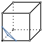 graph case1 {
node [shape=point, fontname="source code pro"];
edge [style=solid, penwidth=2];

v0 [pos="0.4,0.5!", fillcolor=black];
v1 [pos="1.4,0.5!", fillcolor=white];
v2 [pos="1.8,0.9!", fillcolor=white];
v3 [pos="0.8,0.9!", fillcolor=white];
v4 [pos="0.4,1.5!", fillcolor=white];
v5 [pos="1.4,1.5!", fillcolor=white];
v6 [pos="1.8,1.9!", fillcolor=white];
v7 [pos="0.8,1.9!", fillcolor=white];

// bottom edges
e0 [pos="0.9, 0.5!", color="#5E81AC"];
//e1 [pos="1.6, 0.7!", color="#5E81AC"];
//e2 [pos="1.3, 0.9!", color="#5E81AC"];
e3 [pos="0.6, 0.7!", color="#5E81AC"];

// middle edges
e4 [pos="0.4, 1.0!", color="#5E81AC"];
//e5 [pos="1.4, 1.0!" color="#5E81AC"];
//e6 [pos="1.8, 1.4!", color="#5E81AC"];
//e7 [pos="0.8, 1.4!", color="#5E81AC"];

// top edges
//e8 [pos="0.9, 1.5!", color="#5E81AC"];
//e9 [pos="1.6, 1.7!", color="#5E81AC"];
//e10 [pos="1.3, 1.9!", color="#5E81AC"];
//e11 [pos="0.6, 1.7!", color="#5E81AC"];

v0 -- v1 [style=solid];
v1 -- v2 [style=solid];
v2 -- v3 [style=dotted];
v3 -- v0 [style=dotted];
v0 -- v4 [style=solid];
v1 -- v5 [style=solid];
v2 -- v6 [style=solid];
v3 -- v7 [style=dotted];
v4 -- v5 [style=solid];
v5 -- v6 [style=solid];
v6 -- v7 [style=solid];
v7 -- v4 [style=solid];

e0 -- e3 [color="#5E81AC"];
e3 -- e4 [color="#5E81AC"];
e4 -- e0 [color="#5E81AC"];

}