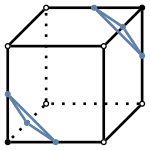 graph case4 {
node [shape=point, fontname="source code pro"];
edge [style=solid, penwidth=2];

v0 [pos="0.4,0.5!", fillcolor=black];
v1 [pos="1.4,0.5!", fillcolor=white];
v2 [pos="1.8,0.9!", fillcolor=white];
v3 [pos="0.8,0.9!", fillcolor=white];
v4 [pos="0.4,1.5!", fillcolor=white];
v5 [pos="1.4,1.5!", fillcolor=white];
v6 [pos="1.8,1.9!", fillcolor=black];
v7 [pos="0.8,1.9!", fillcolor=white];

// bottom edges
e0 [pos="0.9, 0.5!", color="#5E81AC"];
//e1 [pos="1.6, 0.7!", color="#5E81AC"];
//e2 [pos="1.3, 0.9!", color="#5E81AC"];
e3 [pos="0.6, 0.7!", color="#5E81AC"];

// middle edges
e4 [pos="0.4, 1.0!", color="#5E81AC"];
//e5 [pos="1.4, 1.0!" color="#5E81AC"];
e6 [pos="1.8, 1.4!", color="#5E81AC"];
//e7 [pos="0.8, 1.4!", color="#5E81AC"];

// top edges
//e8 [pos="0.9, 1.5!", color="#5E81AC"];
e9 [pos="1.6, 1.7!", color="#5E81AC"];
e10 [pos="1.3, 1.9!", color="#5E81AC"];
//e11 [pos="0.6, 1.7!", color="#5E81AC"];

v0 -- v1 [style=solid];
v1 -- v2 [style=solid];
v2 -- v3 [style=dotted];
v3 -- v0 [style=dotted];
v0 -- v4 [style=solid];
v1 -- v5 [style=solid];
v2 -- v6 [style=solid];
v3 -- v7 [style=dotted];
v4 -- v5 [style=solid];
v5 -- v6 [style=solid];
v6 -- v7 [style=solid];
v7 -- v4 [style=solid];

e0 -- e3 [color="#5E81AC"];
e3 -- e4 [color="#5E81AC"];
e4 -- e0 [color="#5E81AC"];

e6 -- e9 [color="#5E81AC"];
e9 -- e10 [color="#5E81AC"];
e10 -- e6 [color="#5E81AC"];

}