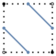 graph case5 {
node [shape=point, fontname="source code pro"];
edge [style=solid, penwidth=2];

v0 [pos="0.,0.!", fillcolor=white];
v1 [pos="1.,0.!", fillcolor=black];
v2 [pos="1.,1.!", fillcolor=white];
v3 [pos="0.,1.!", fillcolor=black];

v4 [pos="0.5,0.!", color="#5E81AC"];
v5 [pos="1.0,0.5!", color="#5E81AC"];
v6 [pos="0.5,1.!", color="#5E81AC"];
v7 [pos="0.,0.5!", color="#5E81AC"];

v0 -- v1 [style=dotted];
v1 -- v2 [style=dotted];
v2 -- v3 [style=dotted];
v3 -- v0 [style=dotted];

v7 -- v4 [color="#5E81AC"];
v5 -- v6 [color="#5E81AC"];

}