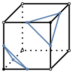 graph case1 {
node [shape=point, fontname="source code pro"];
edge [style=solid, penwidth=2];

v0 [pos="0.4,0.5!", fillcolor=black];
v1 [pos="1.4,0.5!", fillcolor=white];
v2 [pos="1.8,0.9!", fillcolor=white];
v3 [pos="0.8,0.9!", fillcolor=white];
v4 [pos="0.4,1.5!", fillcolor=white];
v5 [pos="1.4,1.5!", fillcolor=black];
v6 [pos="1.8,1.9!", fillcolor=white];
v7 [pos="0.8,1.9!", fillcolor=white];

// bottom edges
e0 [pos="0.9, 0.5!", color="#5E81AC"];
//e1 [pos="1.6, 0.7!", color="#5E81AC"];
//e2 [pos="1.3, 0.9!", color="#5E81AC"];
e3 [pos="0.6, 0.7!", color="#5E81AC"];

// middle edges
e4 [pos="0.4, 1.0!", color="#5E81AC"];
e5 [pos="1.4, 1.0!" color="#5E81AC"];
//e6 [pos="1.8, 1.4!", color="#5E81AC"];
//e7 [pos="0.8, 1.4!", color="#5E81AC"];

// top edges
e8 [pos="0.9, 1.5!", color="#5E81AC"];
e9 [pos="1.6, 1.7!", color="#5E81AC"];
//e10 [pos="1.3, 1.9!", color="#5E81AC"];
//e11 [pos="0.6, 1.7!", color="#5E81AC"];

v0 -- v1 [style=solid];
v1 -- v2 [style=solid];
v2 -- v3 [style=dotted];
v3 -- v0 [style=dotted];
v0 -- v4 [style=solid];
v1 -- v5 [style=solid];
v2 -- v6 [style=solid];
v3 -- v7 [style=dotted];
v4 -- v5 [style=solid];
v5 -- v6 [style=solid];
v6 -- v7 [style=solid];
v7 -- v4 [style=solid];

e0 -- e3 [color="#5E81AC"];
e3 -- e4 [color="#5E81AC"];
e4 -- e0 [color="#5E81AC"];

e5 -- e8 [color="#5E81AC"];
e8 -- e9 [color="#5E81AC"];
e9 -- e5 [color="#5E81AC"];

}