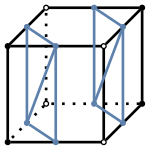 graph case10 {
node [shape=point, fontname="source code pro"];
edge [style=solid, penwidth=2];

v0 [pos="0.4,0.5!", fillcolor=black];
v1 [pos="1.4,0.5!", fillcolor=white];
v2 [pos="1.8,0.9!", fillcolor=black];
v3 [pos="0.8,0.9!", fillcolor=white];
v4 [pos="0.4,1.5!", fillcolor=black];
v5 [pos="1.4,1.5!", fillcolor=white];
v6 [pos="1.8,1.9!", fillcolor=black];
v7 [pos="0.8,1.9!", fillcolor=white];

// bottom edges
e0 [pos="0.9, 0.5!", color="#5E81AC"];
e1 [pos="1.6, 0.7!", color="#5E81AC"];
e2 [pos="1.3, 0.9!", color="#5E81AC"];
e3 [pos="0.6, 0.7!", color="#5E81AC"];

// middle edges
//e4 [pos="0.4, 1.0!", color="#5E81AC"];
//e5 [pos="1.4, 1.0!" color="#5E81AC"];
//e6 [pos="1.8, 1.4!", color="#5E81AC"];
//e7 [pos="0.8, 1.4!", color="#5E81AC"];

// top edges
e8 [pos="0.9, 1.5!", color="#5E81AC"];
e9 [pos="1.6, 1.7!", color="#5E81AC"];
e10 [pos="1.3, 1.9!", color="#5E81AC"];
e11 [pos="0.6, 1.7!", color="#5E81AC"];

v0 -- v1 [style=solid];
v1 -- v2 [style=solid];
v2 -- v3 [style=dotted];
v3 -- v0 [style=dotted];
v0 -- v4 [style=solid];
v1 -- v5 [style=solid];
v2 -- v6 [style=solid];
v3 -- v7 [style=dotted];
v4 -- v5 [style=solid];
v5 -- v6 [style=solid];
v6 -- v7 [style=solid];
v7 -- v4 [style=solid];

e0 -- e3 [color="#5E81AC"];
e3 -- e8 [color="#5E81AC"];
e8 -- e0 [color="#5E81AC"];
e8 -- e11 [color="#5E81AC"];
e11 -- e3 [color="#5E81AC"];
e1 -- e2 [color="#5E81AC"];
e2 -- e9 [color="#5E81AC"];
e9 -- e1 [color="#5E81AC"];
e9 -- e10 [color="#5E81AC"];
e10 -- e2 [color="#5E81AC"];

}