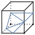 graph case5 {
node [shape=point, fontname="source code pro"];
edge [style=solid, penwidth=2];

v0 [pos="0.4,0.5!", fillcolor=white];
v1 [pos="1.4,0.5!", fillcolor=black];
v2 [pos="1.8,0.9!", fillcolor=black];
v3 [pos="0.8,0.9!", fillcolor=black];
v4 [pos="0.4,1.5!", fillcolor=white];
v5 [pos="1.4,1.5!", fillcolor=white];
v6 [pos="1.8,1.9!", fillcolor=white];
v7 [pos="0.8,1.9!", fillcolor=white];

// bottom edges
e0 [pos="0.9, 0.5!", color="#5E81AC"];
//e1 [pos="1.6, 0.7!", color="#5E81AC"];
//e2 [pos="1.3, 0.9!", color="#5E81AC"];
e3 [pos="0.6, 0.7!", color="#5E81AC"];

// middle edges
//e4 [pos="0.4, 1.0!", color="#5E81AC"];
e5 [pos="1.4, 1.0!" color="#5E81AC"];
e6 [pos="1.8, 1.4!", color="#5E81AC"];
e7 [pos="0.8, 1.4!", color="#5E81AC"];

// top edges
//e8 [pos="0.9, 1.5!", color="#5E81AC"];
//e9 [pos="1.6, 1.7!", color="#5E81AC"];
//e10 [pos="1.3, 1.9!", color="#5E81AC"];
//e11 [pos="0.6, 1.7!", color="#5E81AC"];

v0 -- v1 [style=solid];
v1 -- v2 [style=solid];
v2 -- v3 [style=dotted];
v3 -- v0 [style=dotted];
v0 -- v4 [style=solid];
v1 -- v5 [style=solid];
v2 -- v6 [style=solid];
v3 -- v7 [style=dotted];
v4 -- v5 [style=solid];
v5 -- v6 [style=solid];
v6 -- v7 [style=solid];
v7 -- v4 [style=solid];

e0 -- e3 [color="#5E81AC"];
e3 -- e5 [color="#5E81AC"];
e5 -- e0 [color="#5E81AC"];
e5 -- e7 [color="#5E81AC"];
e5 -- e6 [color="#5E81AC"];
e6 -- e7 [color="#5E81AC"];
e3 -- e7 [color="#5E81AC"];
}