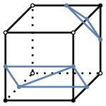 graph case6 {
node [shape=point, fontname="source code pro"];
edge [style=solid, penwidth=2];

v0 [pos="0.4,0.5!", fillcolor=black];
v1 [pos="1.4,0.5!", fillcolor=black];
v2 [pos="1.8,0.9!", fillcolor=white];
v3 [pos="0.8,0.9!", fillcolor=white];
v4 [pos="0.4,1.5!", fillcolor=white];
v5 [pos="1.4,1.5!", fillcolor=white];
v6 [pos="1.8,1.9!", fillcolor=black];
v7 [pos="0.8,1.9!", fillcolor=white];

// bottom edges
//e0 [pos="0.9, 0.5!", color="#5E81AC"];
e1 [pos="1.6, 0.7!", color="#5E81AC"];
//e2 [pos="1.3, 0.9!", color="#5E81AC"];
e3 [pos="0.6, 0.7!", color="#5E81AC"];

// middle edges
e4 [pos="0.4, 1.0!", color="#5E81AC"];
e5 [pos="1.4, 1.0!" color="#5E81AC"];
e6 [pos="1.8, 1.4!", color="#5E81AC"];
//e7 [pos="0.8, 1.4!", color="#5E81AC"];

// top edges
//e8 [pos="0.9, 1.5!", color="#5E81AC"];
e9 [pos="1.6, 1.7!", color="#5E81AC"];
e10 [pos="1.3, 1.9!", color="#5E81AC"];
//e11 [pos="0.6, 1.7!", color="#5E81AC"];

v0 -- v1 [style=solid];
v1 -- v2 [style=solid];
v2 -- v3 [style=dotted];
v3 -- v0 [style=dotted];
v0 -- v4 [style=solid];
v1 -- v5 [style=solid];
v2 -- v6 [style=solid];
v3 -- v7 [style=dotted];
v4 -- v5 [style=solid];
v5 -- v6 [style=solid];
v6 -- v7 [style=solid];
v7 -- v4 [style=solid];

e3 -- e1 [color="#5E81AC"];
e1 -- e5 [color="#5E81AC"];
e5 -- e3 [color="#5E81AC"];
e4 -- e5 [color="#5E81AC"];
e4 -- e3 [color="#5E81AC"];
e6 -- e9 [color="#5E81AC"];
e9 -- e10 [color="#5E81AC"];
e10 -- e6 [color="#5E81AC"];

}