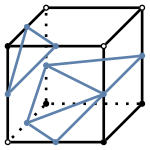 graph case12 {
node [shape=point, fontname="source code pro"];
edge [style=solid, penwidth=2];

v0 [pos="0.4,0.5!", fillcolor=white];
v1 [pos="1.4,0.5!", fillcolor=black];
v2 [pos="1.8,0.9!", fillcolor=black];
v3 [pos="0.8,0.9!", fillcolor=black];
v4 [pos="0.4,1.5!", fillcolor=black];
v5 [pos="1.4,1.5!", fillcolor=white];
v6 [pos="1.8,1.9!", fillcolor=white];
v7 [pos="0.8,1.9!", fillcolor=white];

// bottom edges
e0 [pos="0.9, 0.5!", color="#5E81AC"];
//e1 [pos="1.6, 0.7!", color="#5E81AC"];
//e2 [pos="1.3, 0.9!", color="#5E81AC"];
e3 [pos="0.6, 0.7!", color="#5E81AC"];

// middle edges
e4 [pos="0.4, 1.0!", color="#5E81AC"];
e5 [pos="1.4, 1.0!" color="#5E81AC"];
e6 [pos="1.8, 1.4!", color="#5E81AC"];
e7 [pos="0.8, 1.3!", color="#5E81AC"];

// top edges
e8 [pos="0.9, 1.5!", color="#5E81AC"];
//e9 [pos="1.6, 1.7!", color="#5E81AC"];
//e10 [pos="1.3, 1.9!", color="#5E81AC"];
e11 [pos="0.6, 1.7!", color="#5E81AC"];

v0 -- v1 [style=solid];
v1 -- v2 [style=solid];
v2 -- v3 [style=dotted];
v3 -- v0 [style=dotted];
v0 -- v4 [style=solid];
v1 -- v5 [style=solid];
v2 -- v6 [style=solid];
v3 -- v7 [style=dotted];
v4 -- v5 [style=solid];
v5 -- v6 [style=solid];
v6 -- v7 [style=solid];
v7 -- v4 [style=solid];

e0 -- e3 [color="#5E81AC"];
e3 -- e5 [color="#5E81AC"];
e5 -- e6 [color="#5E81AC"];
e6 -- e7 [color="#5E81AC"];
e7 -- e3 [color="#5E81AC"];
e0 -- e5 [color="#5E81AC"];
e5 -- e7 [color="#5E81AC"];
e4 -- e11 [color="#5E81AC"];
e11 -- e8 [color="#5E81AC"];
e8 -- e4 [color="#5E81AC"];
}