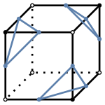 graph case7 {
node [shape=point, fontname="source code pro"];
edge [style=solid, penwidth=2];

v0 [pos="0.4,0.5!", fillcolor=white];
v1 [pos="1.4,0.5!", fillcolor=black];
v2 [pos="1.8,0.9!", fillcolor=white];
v3 [pos="0.8,0.9!", fillcolor=white];
v4 [pos="0.4,1.5!", fillcolor=black];
v5 [pos="1.4,1.5!", fillcolor=white];
v6 [pos="1.8,1.9!", fillcolor=black];
v7 [pos="0.8,1.9!", fillcolor=white];

// bottom edges
e0 [pos="0.9, 0.5!", color="#5E81AC"];
e1 [pos="1.6, 0.7!", color="#5E81AC"];
//e2 [pos="1.3, 0.9!", color="#5E81AC"];
//e3 [pos="0.6, 0.7!", color="#5E81AC"];

// middle edges
e4 [pos="0.4, 1.0!", color="#5E81AC"];
e5 [pos="1.4, 1.0!" color="#5E81AC"];
e6 [pos="1.8, 1.4!", color="#5E81AC"];
//e7 [pos="0.8, 1.4!", color="#5E81AC"];

// top edges
e8 [pos="0.9, 1.5!", color="#5E81AC"];
e9 [pos="1.6, 1.7!", color="#5E81AC"];
e10 [pos="1.3, 1.9!", color="#5E81AC"];
e11 [pos="0.6, 1.7!", color="#5E81AC"];

v0 -- v1 [style=solid];
v1 -- v2 [style=solid];
v2 -- v3 [style=dotted];
v3 -- v0 [style=dotted];
v0 -- v4 [style=solid];
v1 -- v5 [style=solid];
v2 -- v6 [style=solid];
v3 -- v7 [style=dotted];
v4 -- v5 [style=solid];
v5 -- v6 [style=solid];
v6 -- v7 [style=solid];
v7 -- v4 [style=solid];

e0 -- e1 [color="#5E81AC"];
e1 -- e5 [color="#5E81AC"];
e5 -- e0 [color="#5E81AC"];
e4 -- e8 [color="#5E81AC"];
e8 -- e11 [color="#5E81AC"];
e11 -- e4 [color="#5E81AC"];
e6 -- e9 [color="#5E81AC"];
e9 -- e10 [color="#5E81AC"];
e10 -- e6 [color="#5E81AC"];

}